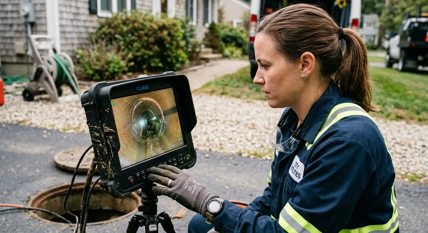 Technician reviewing sewer camera inspection footage in South Venice