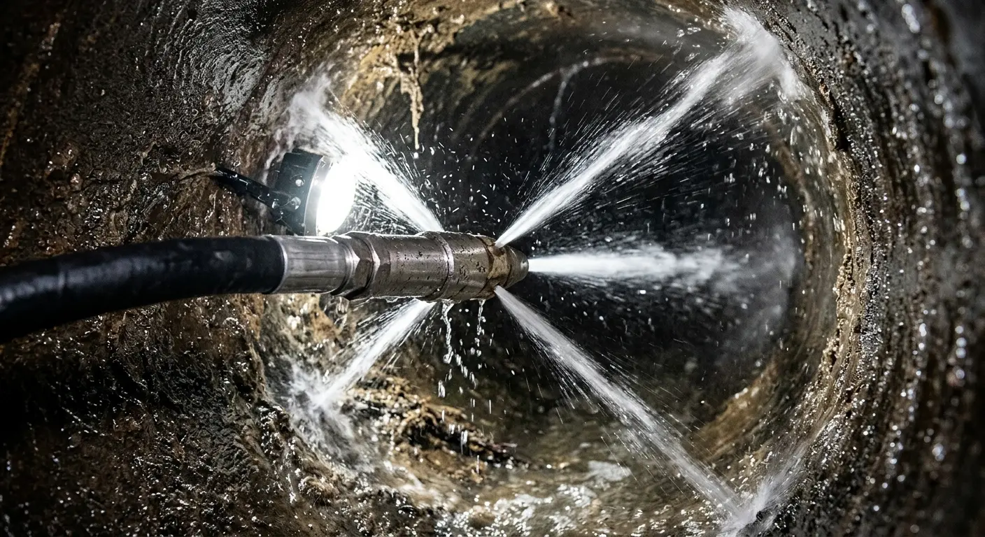 High-pressure hydro jetting nozzle cleaning sewer pipe for Emergency Drain Service in South Venice