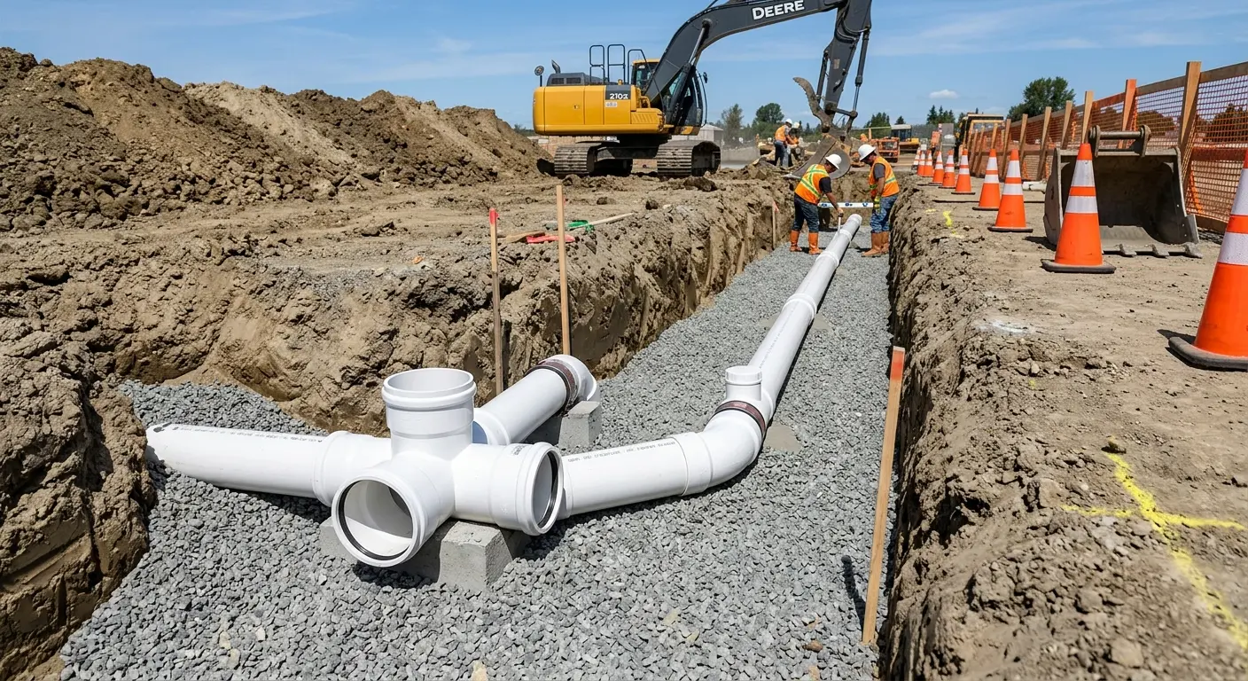 New PVC sewer pipe installation in open trench for Commercial Drain Cleaning in South Venice