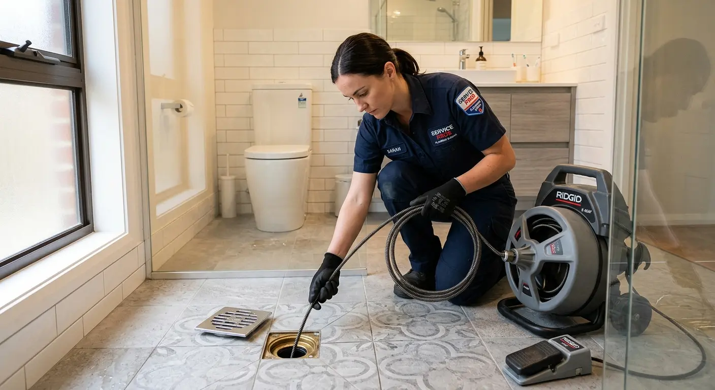 Technician clearing a bathroom floor drain for Sewer Line Replacement in South Venice
